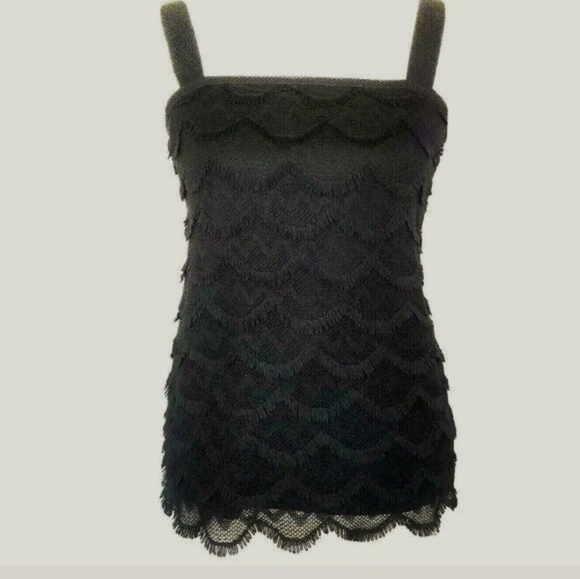 Ann Taylor Black Top Eyelash Fringe Lace Scalloped Crochet Tiered Sleeveless - Picture 2 of 8